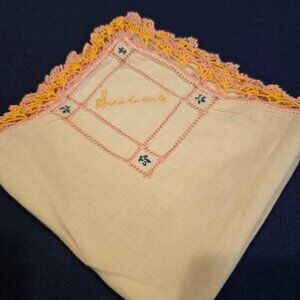 Handkerchief Hand Embroidered Linen Blue Pink Flowers Crocheted Edge 1960s